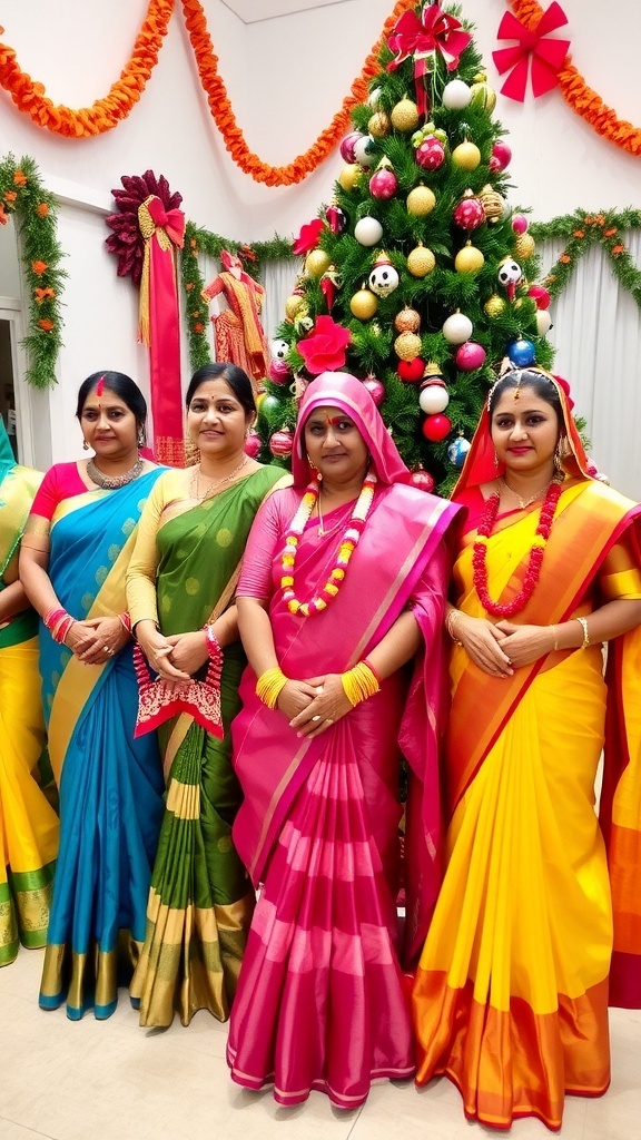 Traditional Kerala Christmas outfits including sarees, mundus, and festive decorations.
